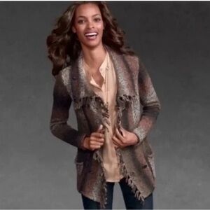 CAbi ‘frontier fringe cardigan sweater’ ombré brown black knit western boho S